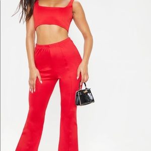 Pretty Little Thing Red Flare Pant & Crop Top Set